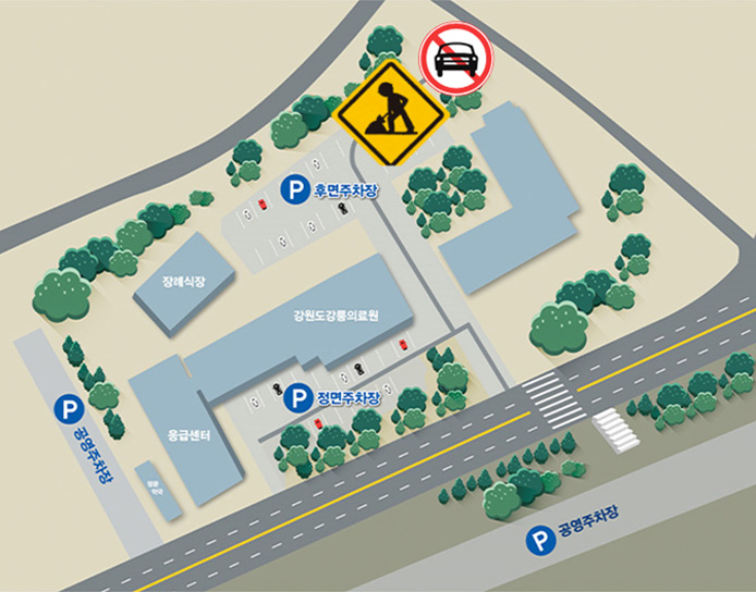 그림, 지도, 공영주차장 두 개와 정면, 후면 주차장이 있습니다.